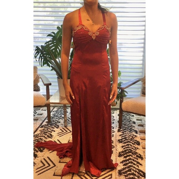NOX NARIANNA Maroon Red Halter Rhinestone Prom Wedding Bridesmaid Formal Dress M - Picture 2 of 9